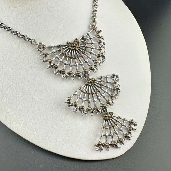 LUCKY BRAND Fan Silver Tone Bib Statement 34" Rolo Chain Bohemian Necklace - Picture 2 of 5